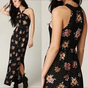 Free People Black Halter Neck Polka Dot Floral Maxi Dress